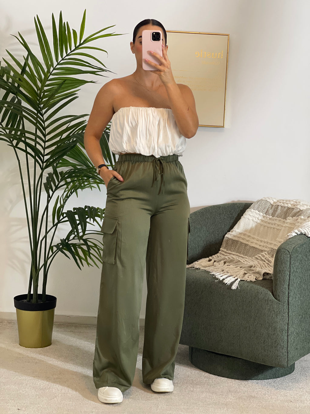 DRAWSTRING WAISTBAND SATIN CARGO PANT