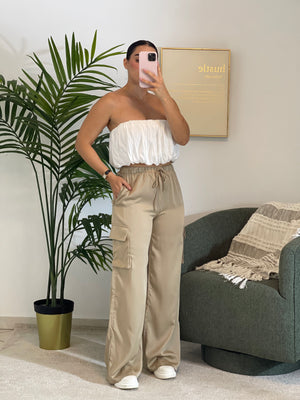 DRAWSTRING WAISTBAND SATIN CARGO PANT